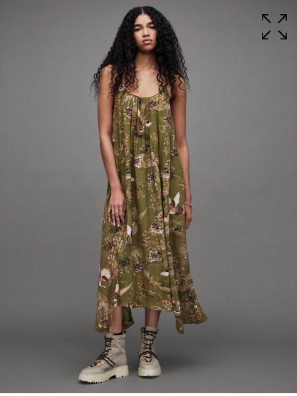 AllSaints Areena Peggy Floral Maxi Dress Khaki Green Feminine Versatile Size 8